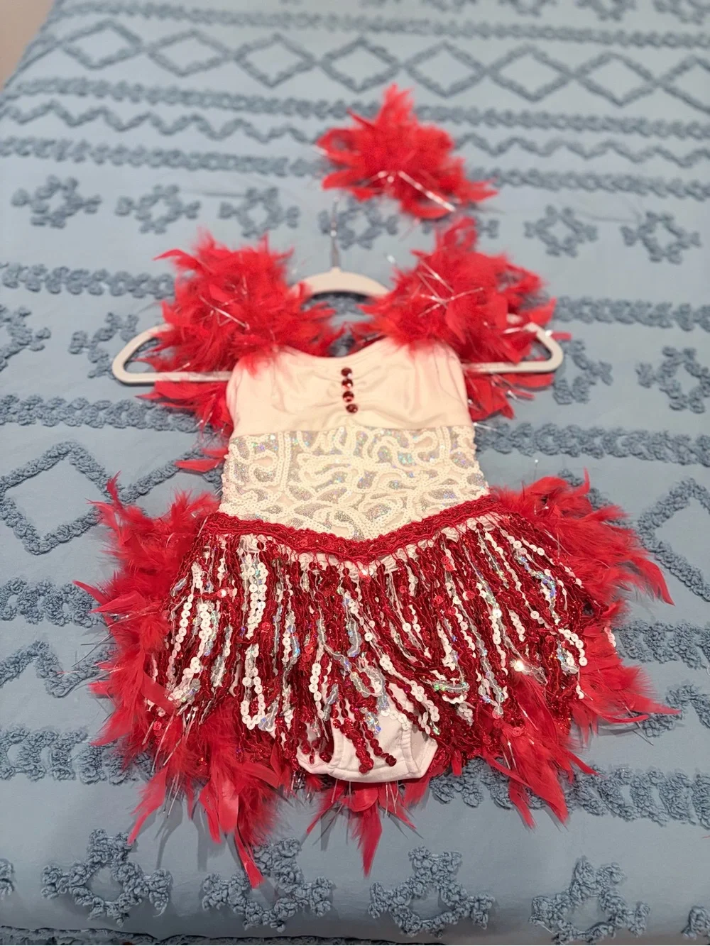 Red White Sequin Fringe Feather Dance Costume Child Small